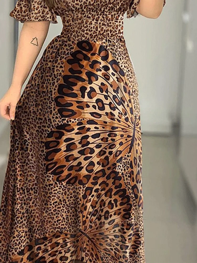 Boho léopard longue robe femmes Sexy épaules nues Slash cou à volants manches robe d'été dame marron élégant mince Maxi robes de soirée