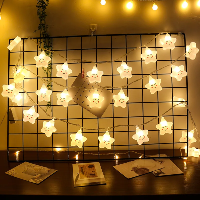 Guirnalda de luces LED con forma de estrella sonriente para niños, decoración de noche con batería/recarga USB, decoración de dormitorio, lámparas