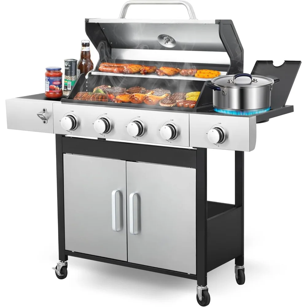 

4-Burner BBQ Propane Stove with Side Table, 46,000 BTU Gas Grill Outdoor, Porcelain-Enameled Cast Grill for Patio Garden Camping