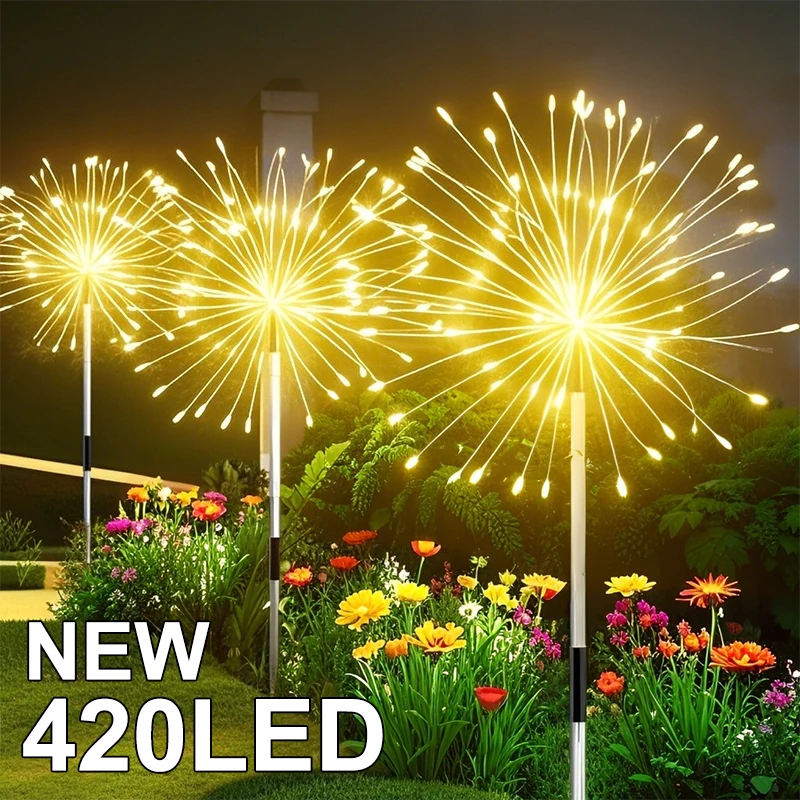 NEW 420LED Outdoor Solar Dandelion Pathway Light Waterproof Garden Decor Firework Lawn Solar Light for Yard Street Patio Balcony
