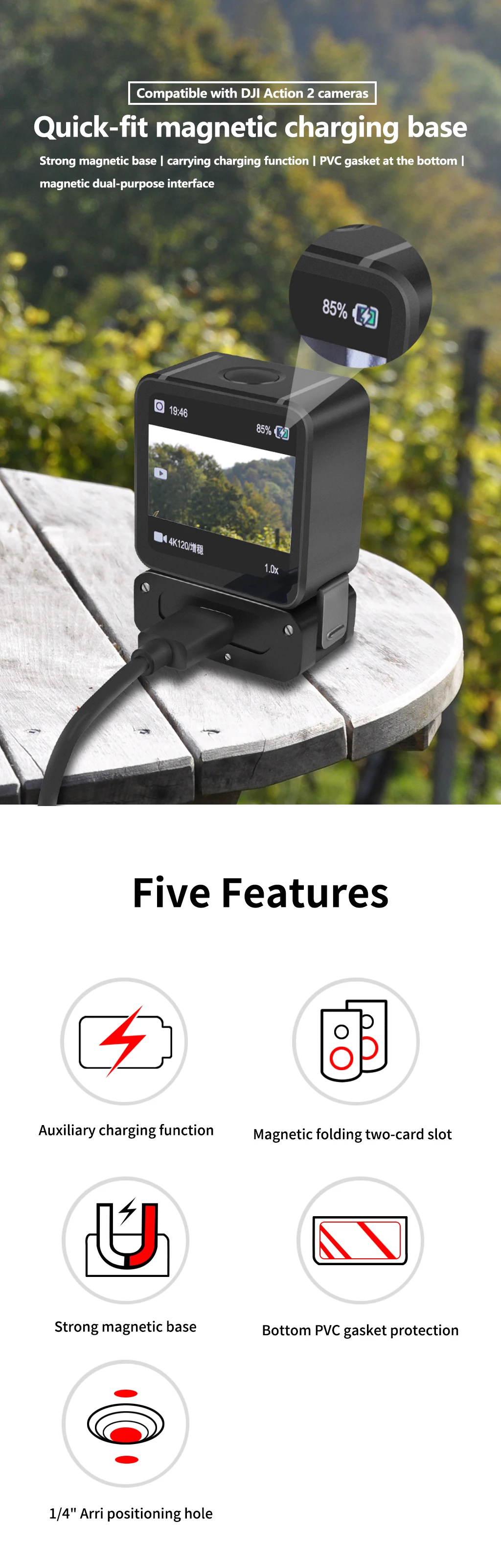 Schnellverschluss-Magnetfuß für Osmo 360 Action 5pro 4, Ladeanschluss, Stativhalterung, 1/4 ARRI-Schraube, Helmhalterung, Kamerahalterung – Detail 7