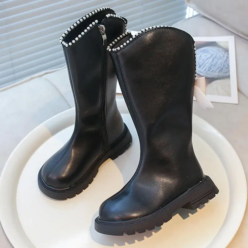 

Fashion Mix Color Side Zip Knee Boots Girl 2025 Winter Sweet Rear Bowknot Non Slip Thick Bottom Boots Warm Short Plush Botas