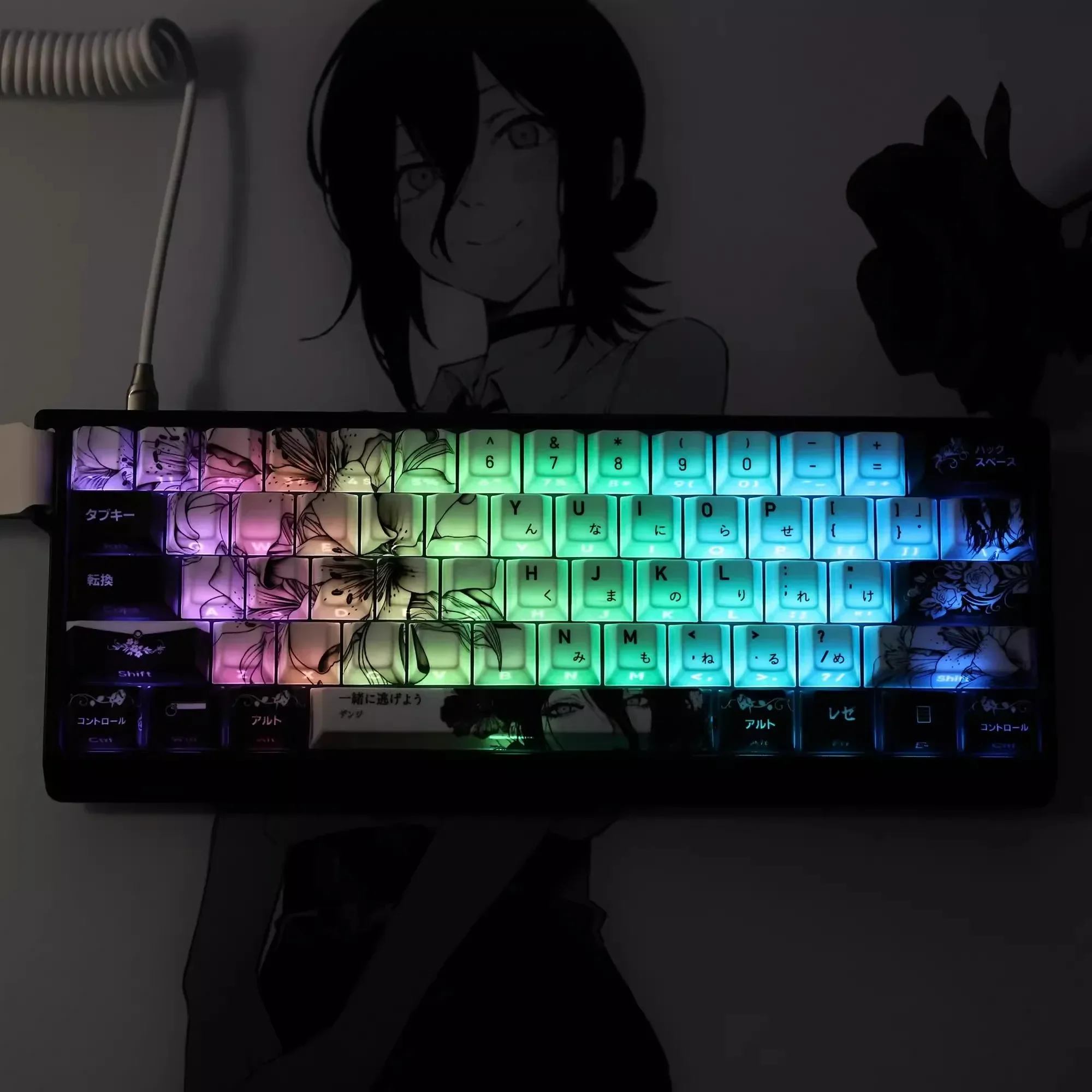 REZE أبيض أسود أنيمي موضوع كيكابس الكرز الشخصي مخصص PBT صبغ التسامي ل Mad 60he Aula Win60 Wooting60 لوحة المفاتيح