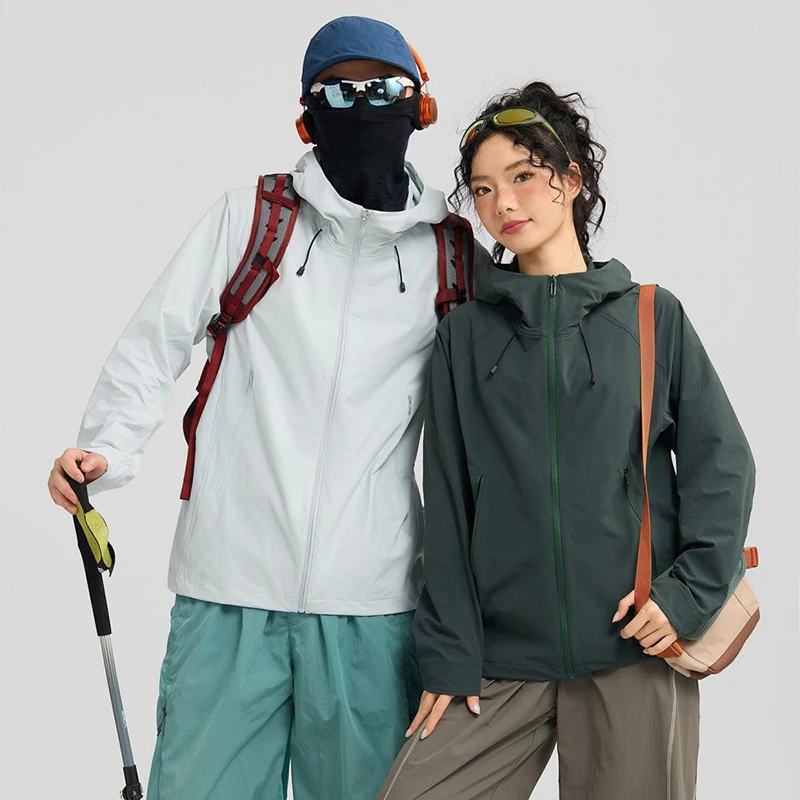 Men Women Hooded Softshell Jacket Windproof Water Resistant Outdoor Hiking Coat Camping Trekking Casual Full Zip Outerwear