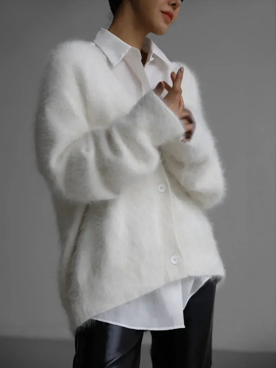 

Elegant Imitation Mink Hair Cardigans for Women 2024 Autumn V-neck Jumper Women's Button Down Cardigan White Knitted Jacket Coat