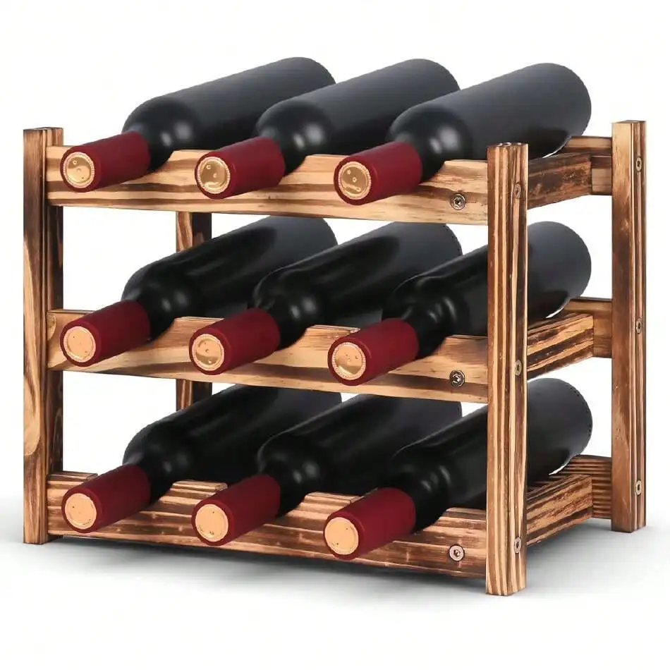 

9-Bottle Wooden Wine Rack – 3-Tier Tabletop Countertop Space-Saving Wine Holder With Screwdriver Included, Easy Assembly Wine Storage Shelf For Kitchen, Bar, Pantry & Home Decor