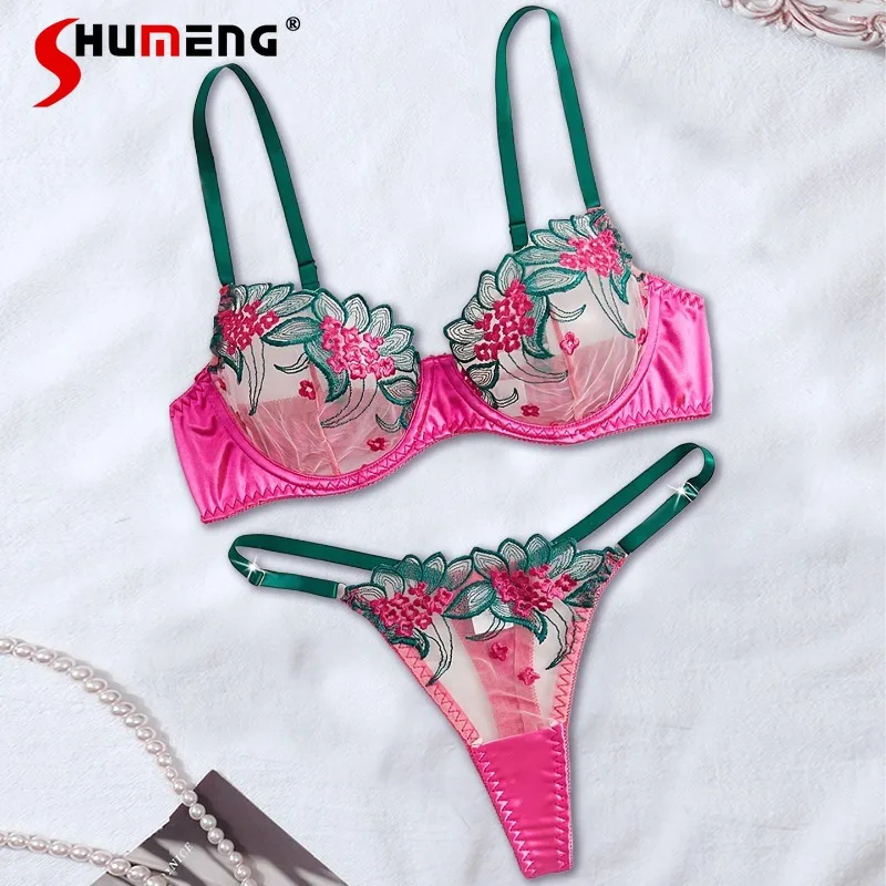 Transparent Three Point Bra Set Pure Desire Sexy Lingerie for Women Push Up Embroidered Underwear with Underwire Female