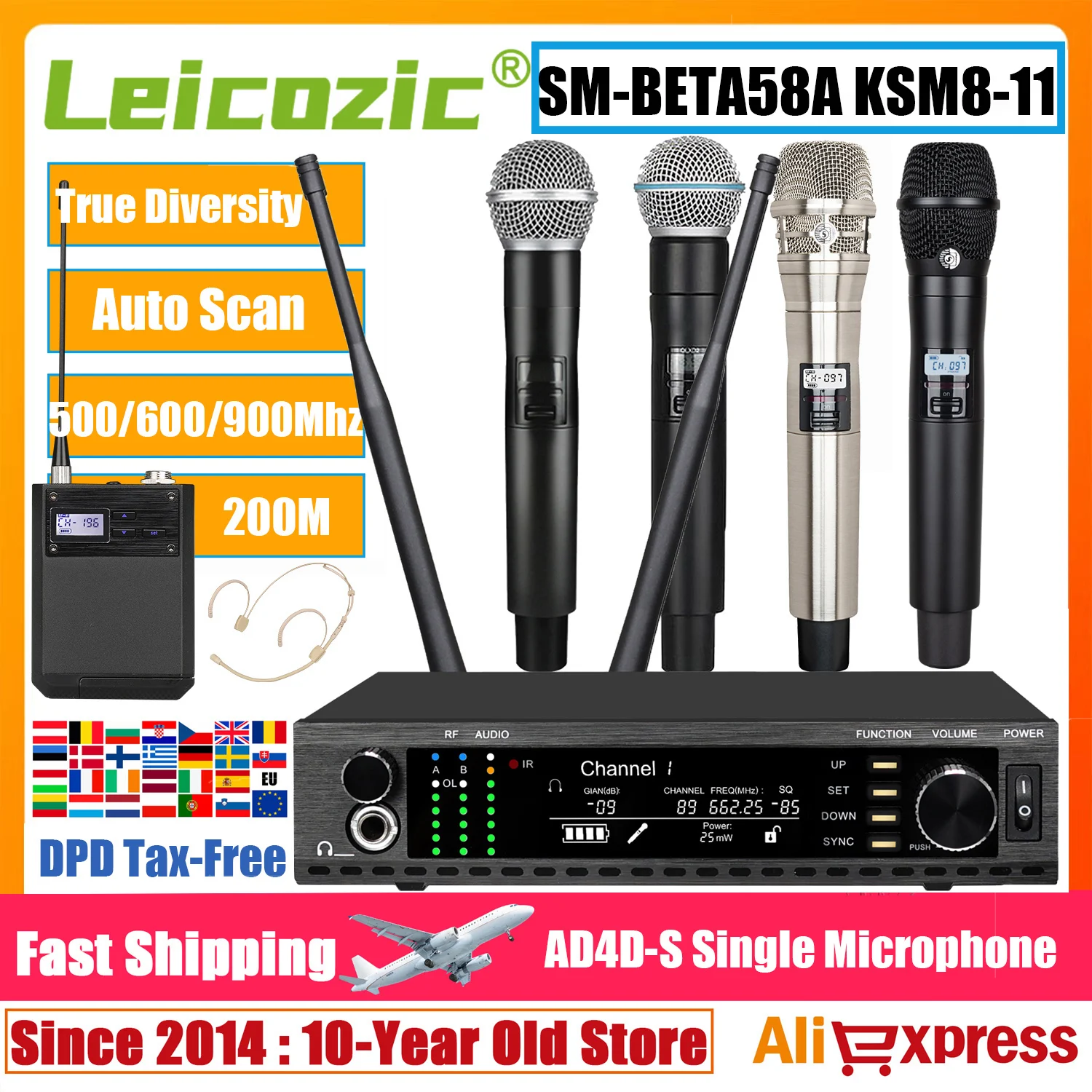 

Leicozic AD4D-S Single Channel Wireless Microphone For Stage Performance 500/600/900Mhz Digital Radio System Beta58 KSM8 KSM11