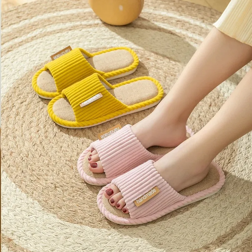 

House Striped Slippers Women Autumn Linen Flip Flops Couples Indoor Non Slip Sandals Cartoon Home Guest Shoes male Flat Flax