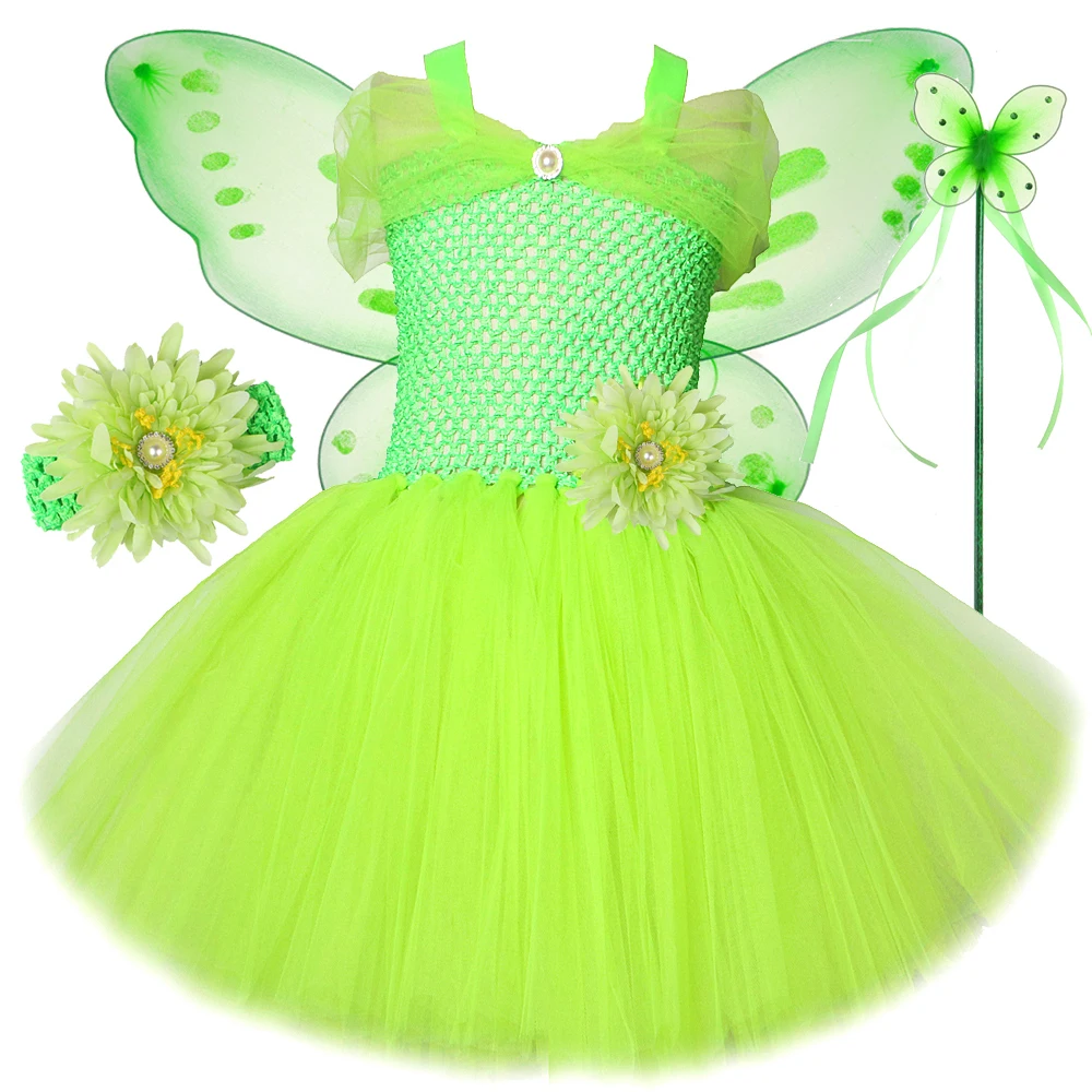 Girls Green Flower Fairy Fancy Dresses for Kids Christmas Costumes Halloween Outfit Princess Ballet Tutus with Wings Magic Wand