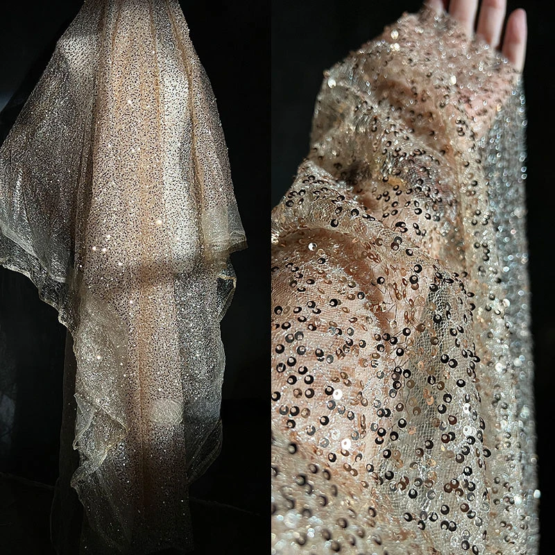 Sequin Mesh Fabric Champagne Heavy Industry Embroidery Wedding Dress Designer Cloth for Diy Sewing Per Meters Material