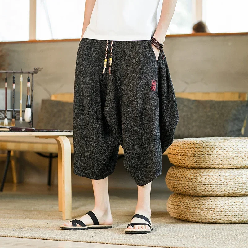 Japan Kimono Traditional Shorts Men\'s Asian Clothing Bath Pants Casual Loose Japanese Yukata Linen Wide Leg Pants