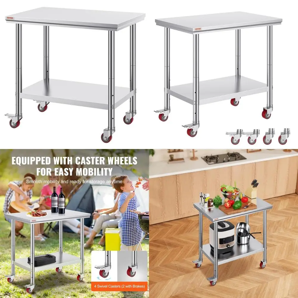 

36x24 Stainless Steel Rolling Work Table, Heavy Duty with 4 Casters for Commercial Kitchens and Restaurants, Silver