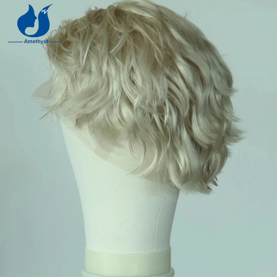 Amethyst White Blonde #60 Color Full Lace Wig Short Boy Cut Human Hair Wig for Men Brazilian Remy Middle Part Male Hair System