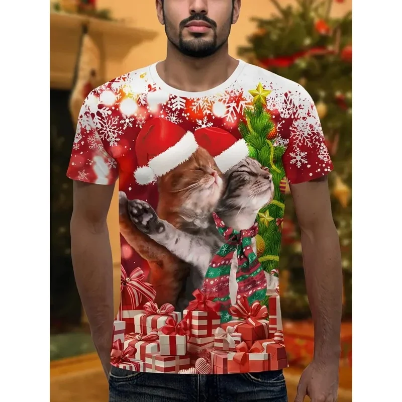 Christmas Men's T-Shirts Cute Santa Claus Print Summer Men Short Sleeve Tee Loose Y2k O-Neck Top Holiday Casual Men's Clothing