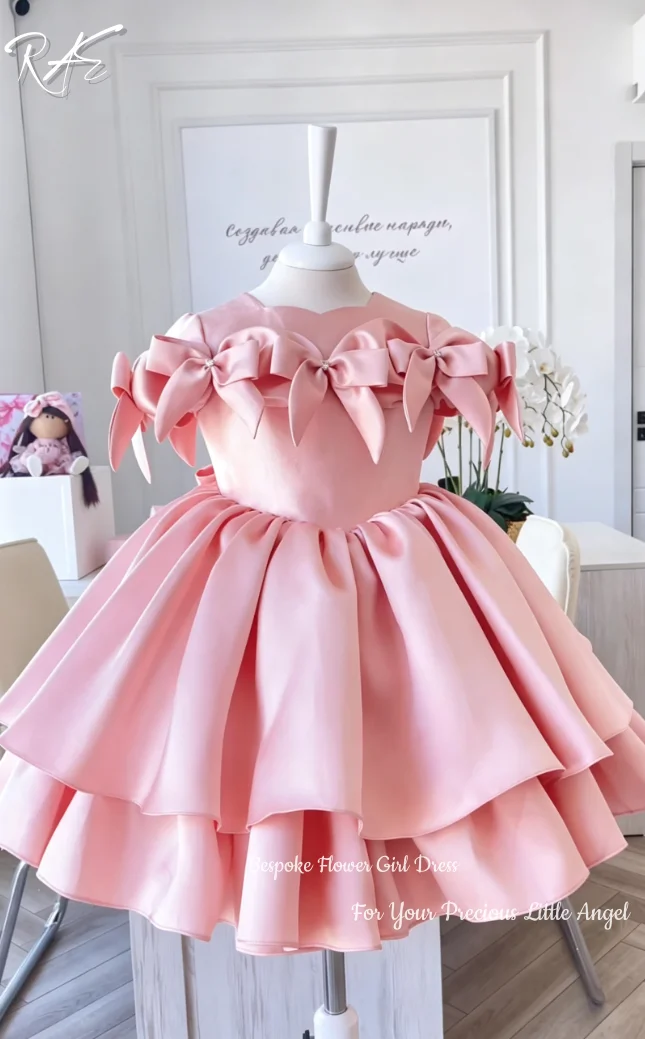 Sweet Satin Multi‑Bow Flower Girl Dress For Wedding Birthday Pageant  A‑Line Knee‑Length Layered Princess Gown Customized
