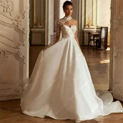 Vintage Satin Wedding Dresses Graceful Single Sleeves Backless Bridal Gowns Flower Sticker A-Line Vestidos de Novias Customized