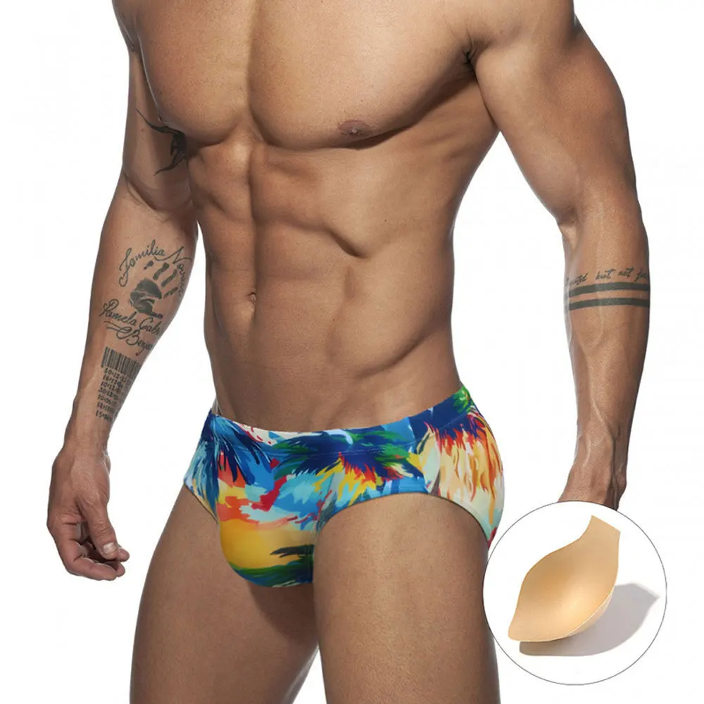 

New men's ink art beach sunset print briefs with cup size swimming fitness swimming trunks