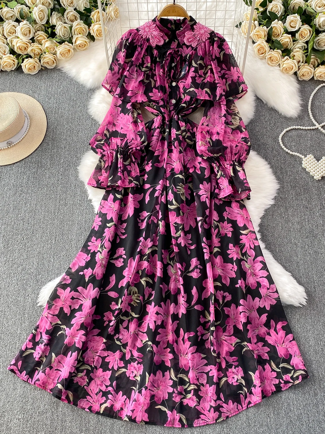 Ele Vintage Court Sle Beaded ow Dr Women's Beautiful Print Full Skirt Stand Collar Long Sve High Waist A-Line D...