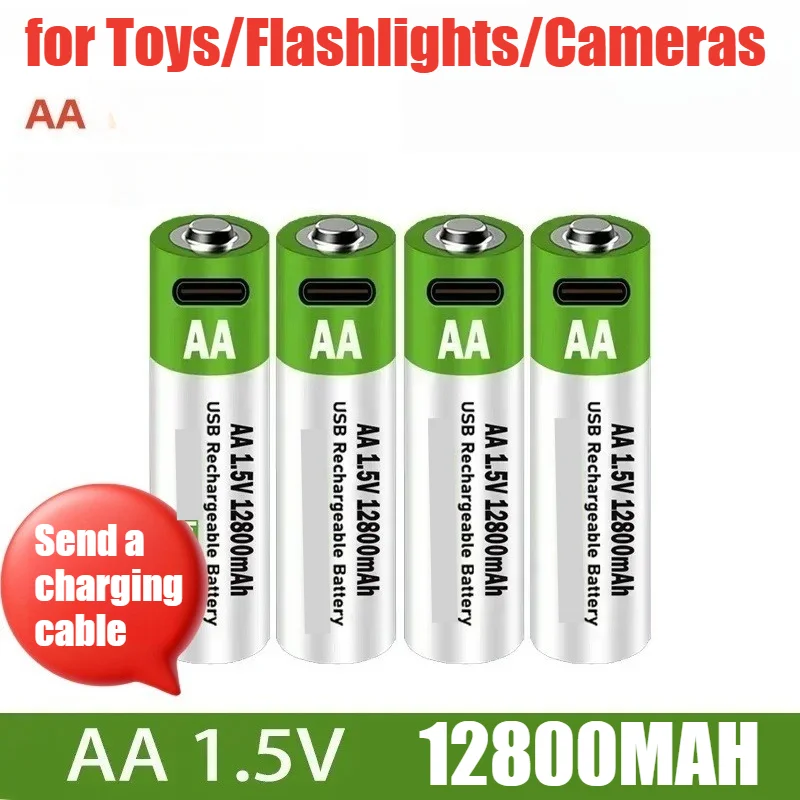 12800mAh AA Lithium Rechargeable Battery 1.5V Constant Voltage USB Fast Charge Li-ion Battery for Toys/Flashlights/Cameras
