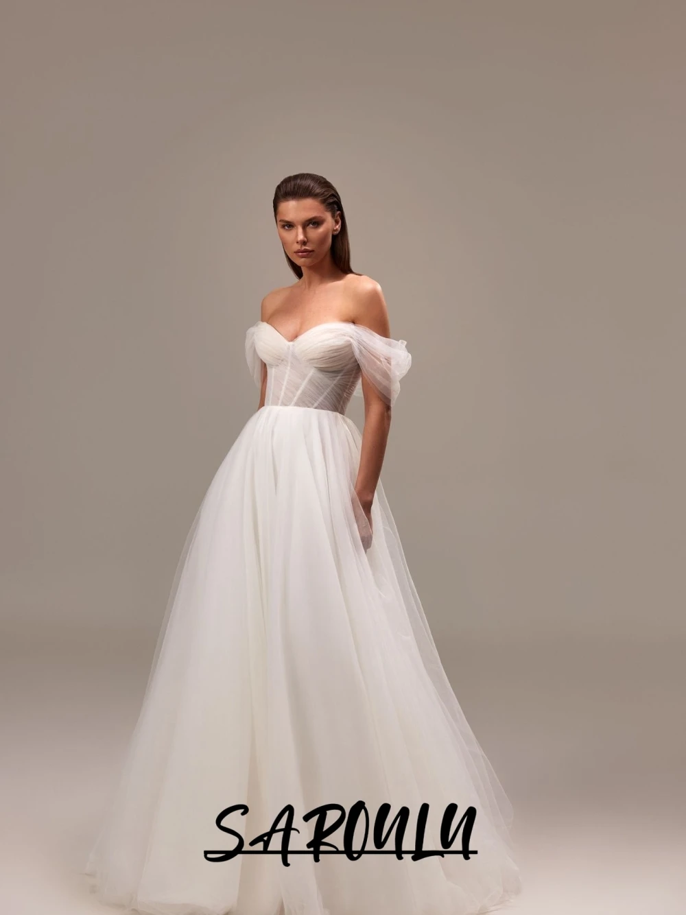 

Fairy Minimalist White Off Shoulder Tulle Wedding Dress Slim Corset A Line Customized Bridal Gown With Train Engagement Party