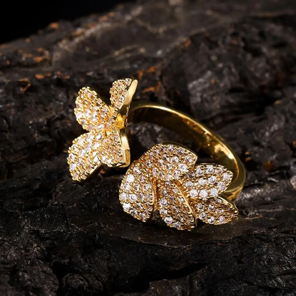 ZAKOL Petal Leaves Personalized Fashion Micro-set Zircon Ring For Women Opening Adjustable Exquisite Trendy Jewelry Accessories