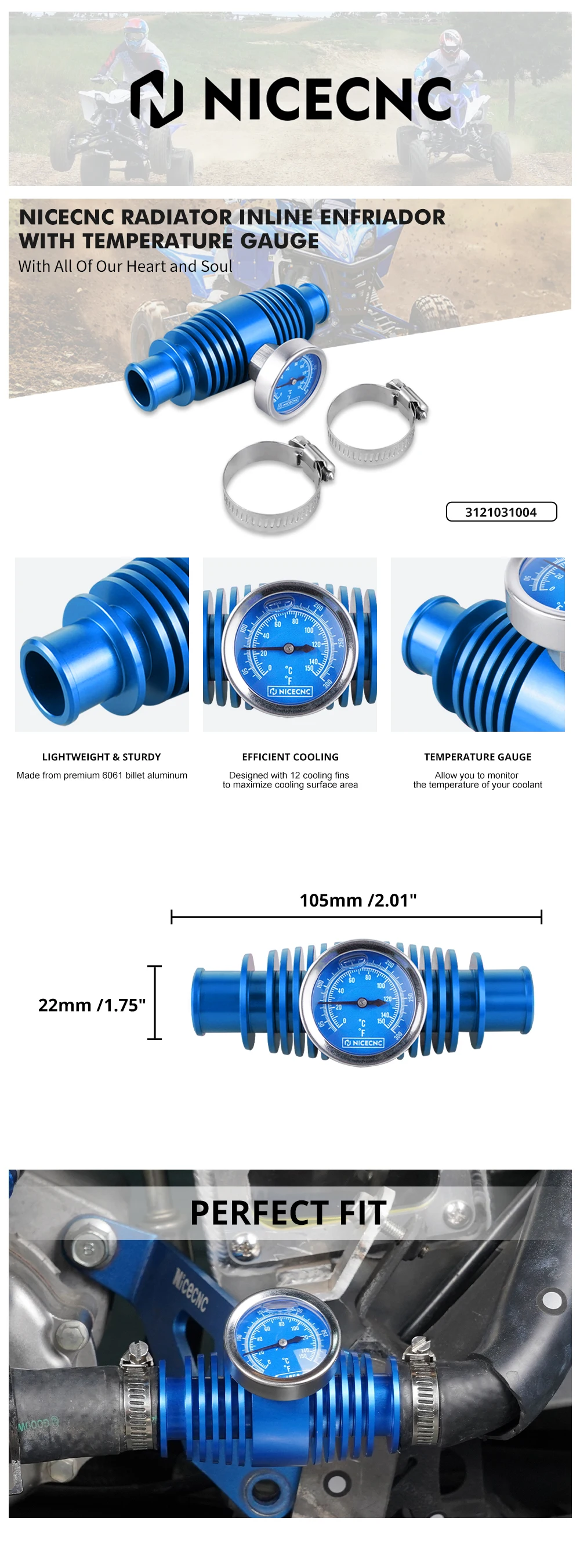 NICECNC Für Yamaha Raptor 700 700R Kühler mit Inline-Temperaturanzeige für Suzuki LTZ400 Honda TRX ATV Zubehör – Detail 2