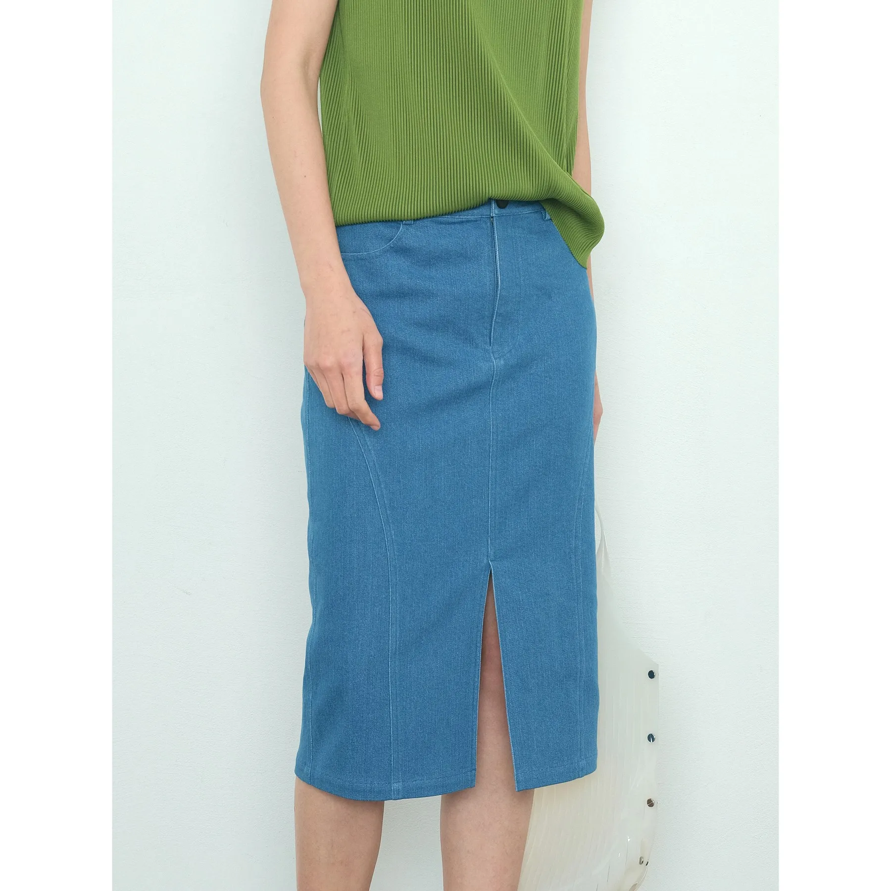 

Джинсовая юбка с разрезом спереди, прямая, женская, со средней талией, из полиэстера, хлопка, кожи и эластичного волокна, повседневная