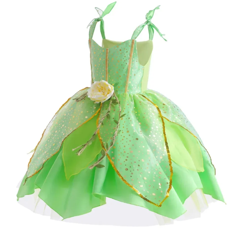 Tinker Bell Girls Dress Fairy Cosplay Costume Kids Green Gowns Child Halloween Outfits