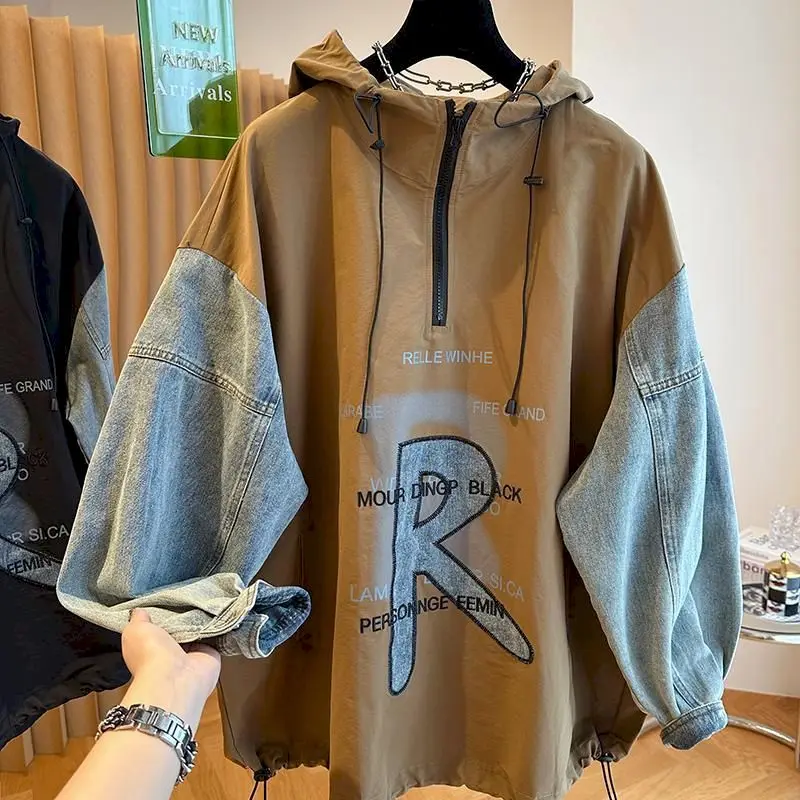 Oversized Hoodies Coat Women Fashion Denim Patchwork Hooded Pullover Jackets Casual Loose Half Zipper Hoodie Y2k Spring Autumn