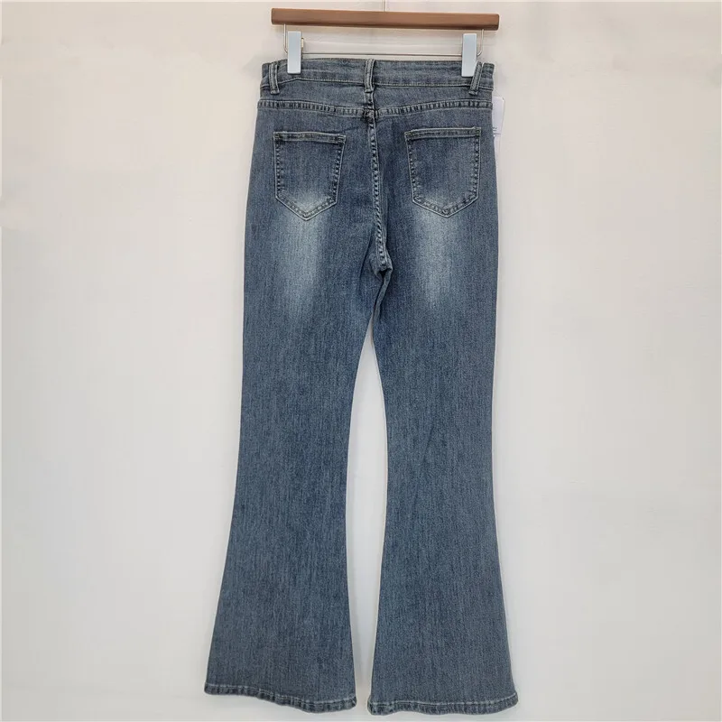 HKSH Spring Autumn New Women's Flare Jeans Embroidery Hollow Out Studded Diamonds Slim Fit Versatile Y2K Ins Denim Pants HK16069