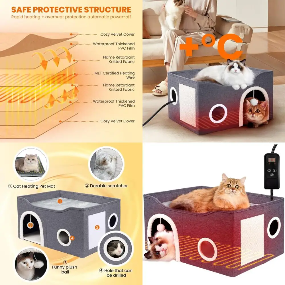 

Large Adjustable-Temp Heated Cat Bed with Timer, Chew-Proof Cord for Small to Large Cats