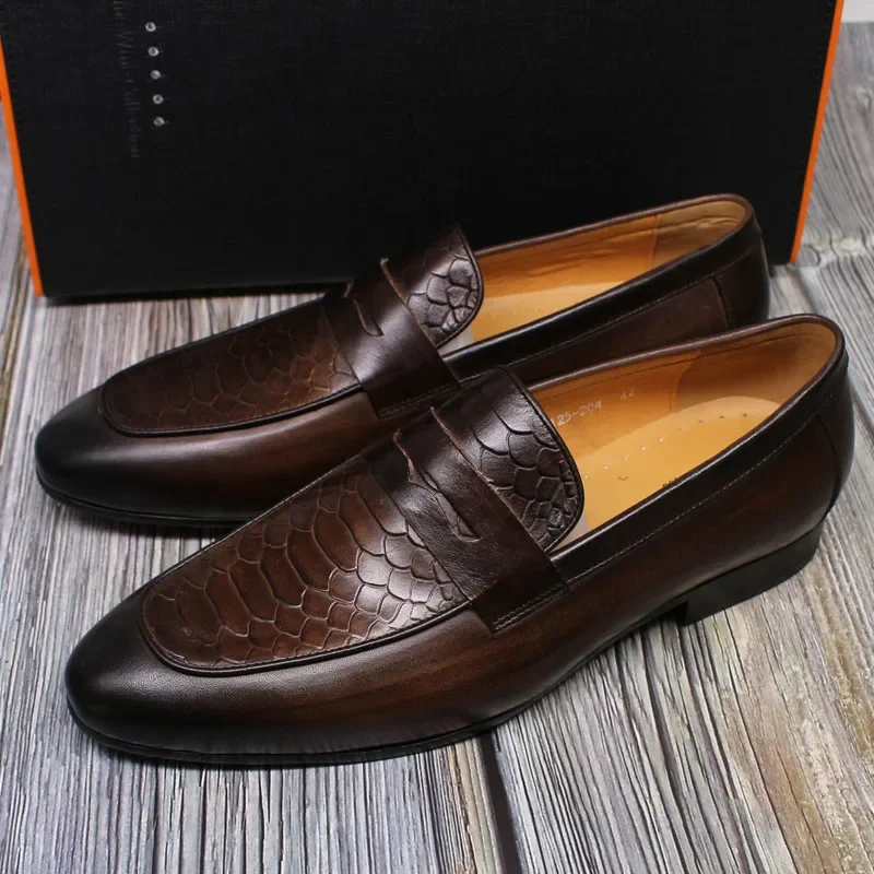 FELIX CHU Luxury Mens Loafer Shoes Genuine Leather Snake Print Wedding Party Casual Men Dress Shoes Slip-On Footwear Comfortable