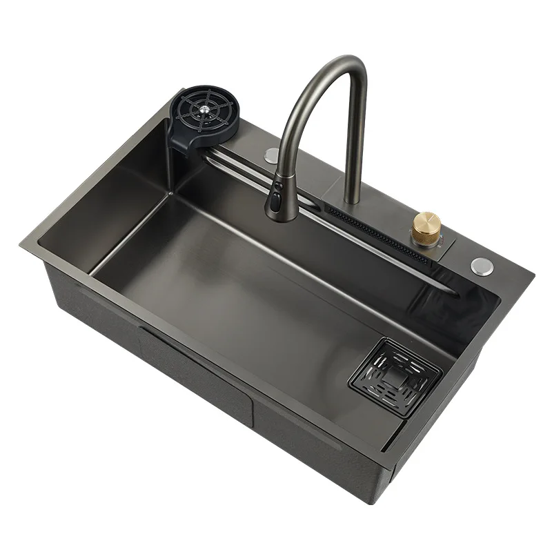 Deao Complete Whole Set Waterfall Kitchen Sink Stainless Steel Sinks Big Single Bowl with Dish Rack Under Mount Sinks