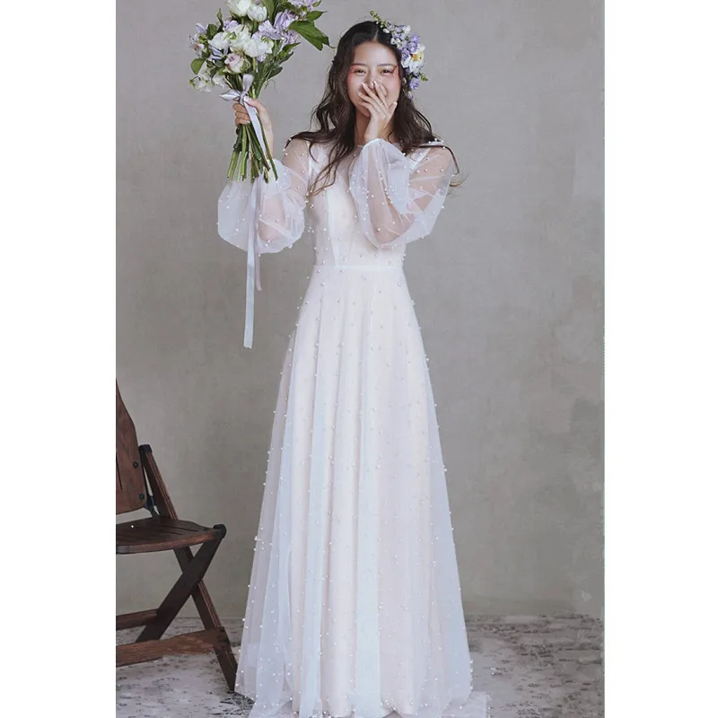 Vestido de novia coreano de una línea con perlas, manga larga, dos piezas, Súper Hada, vestido de novia sencillo personalizado