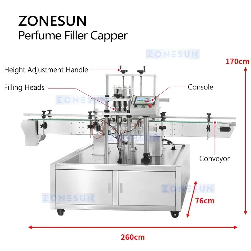 ZONESUN Automatic 4 Head Perfume Bottle Filling Machine Vacuum Pump Perfume Sealing Crimping Packaging Machine ZS-FAL180X