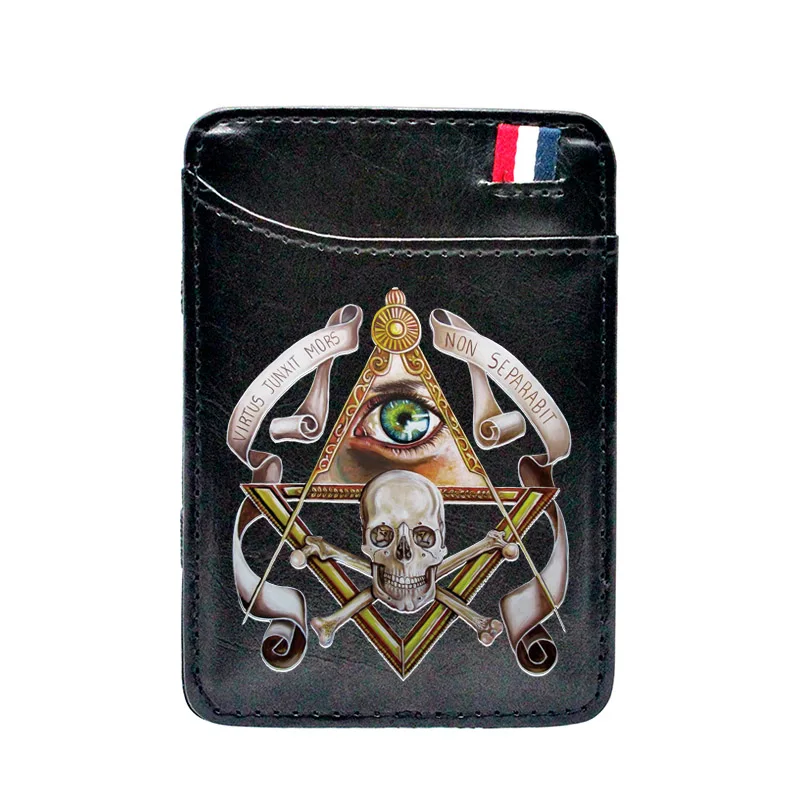 

High Quality Eye of God Masonic Skull Pu Leather Mini Small Magic Wallets Purse Pouch Plastic Credit Bank Card Case Holder