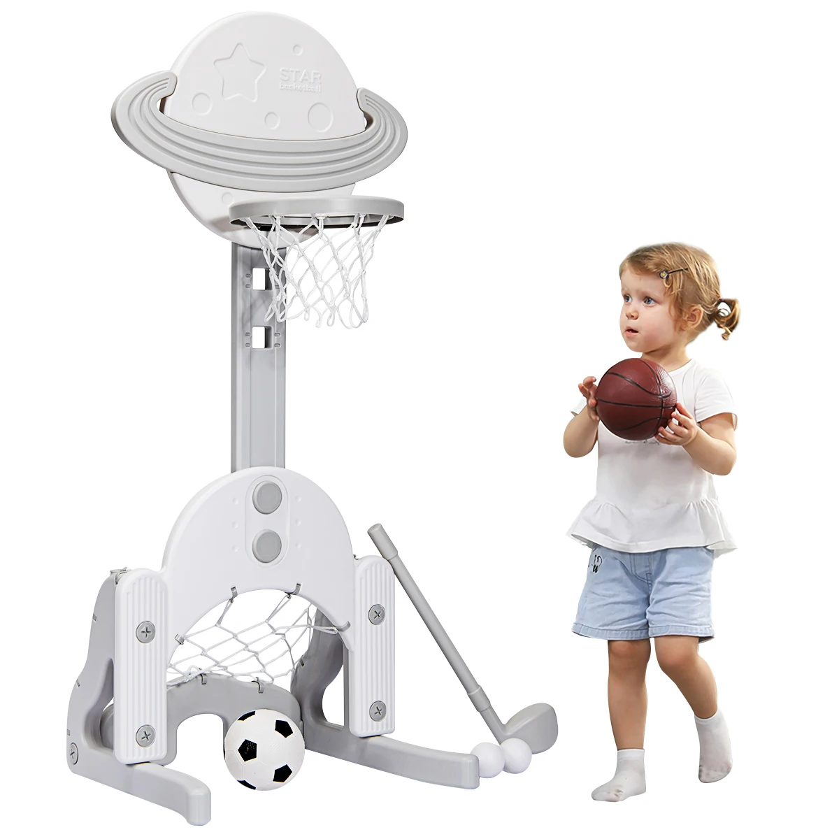 

3 in 1 Kids Basketball Hoop Set Adjustable Sports Activity Center w/ Balls White