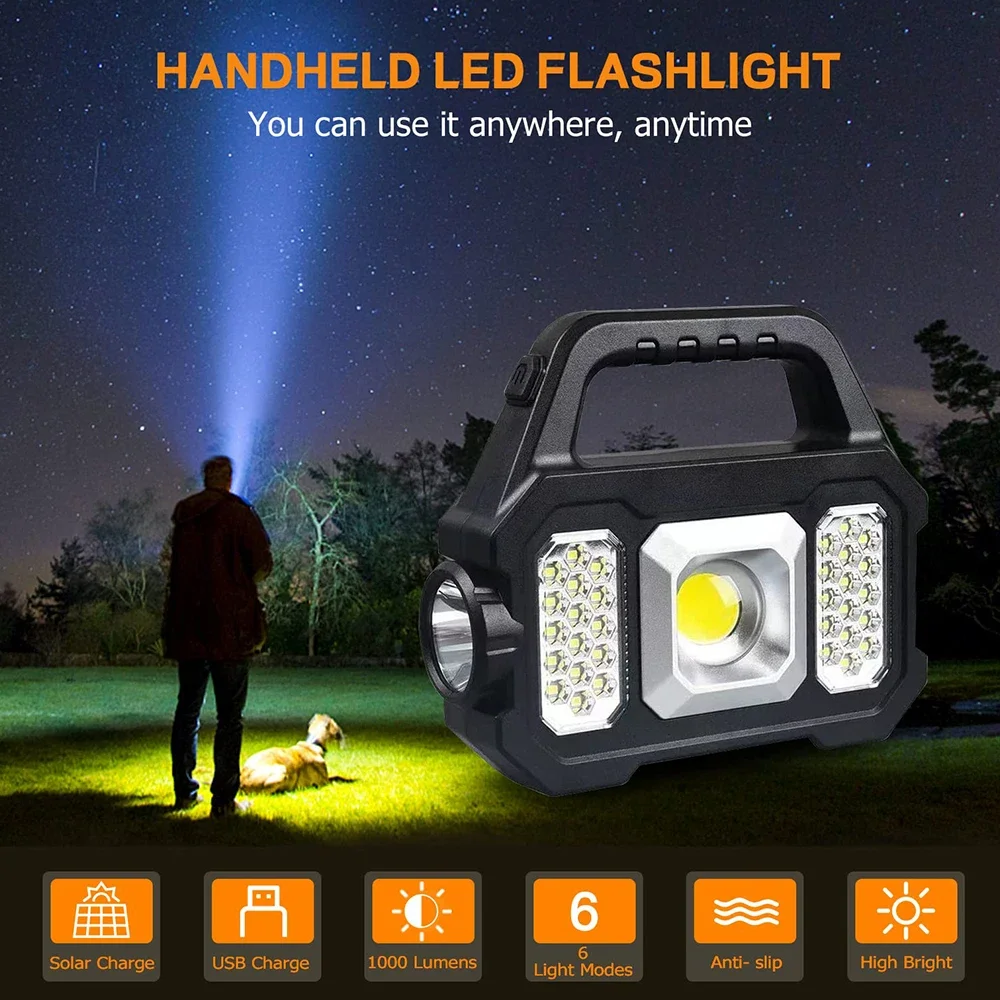 

High Power Led Flashlights Rechargeable Camping Work Light Multi Functional Portable Light Solar Charging 6 Lighting Modes