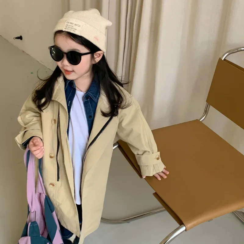 Trench Girls Windbreaker Korea Autumn Children Clothing Coat Korean Middle Length Overcoat Turn Collar Pocket Button