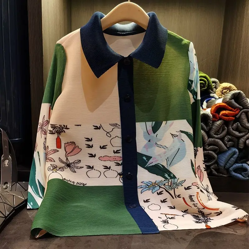 Pleated  shirt new long-sleeved fashion color matching printed versatile and thin jacket women's loose single-breasted top