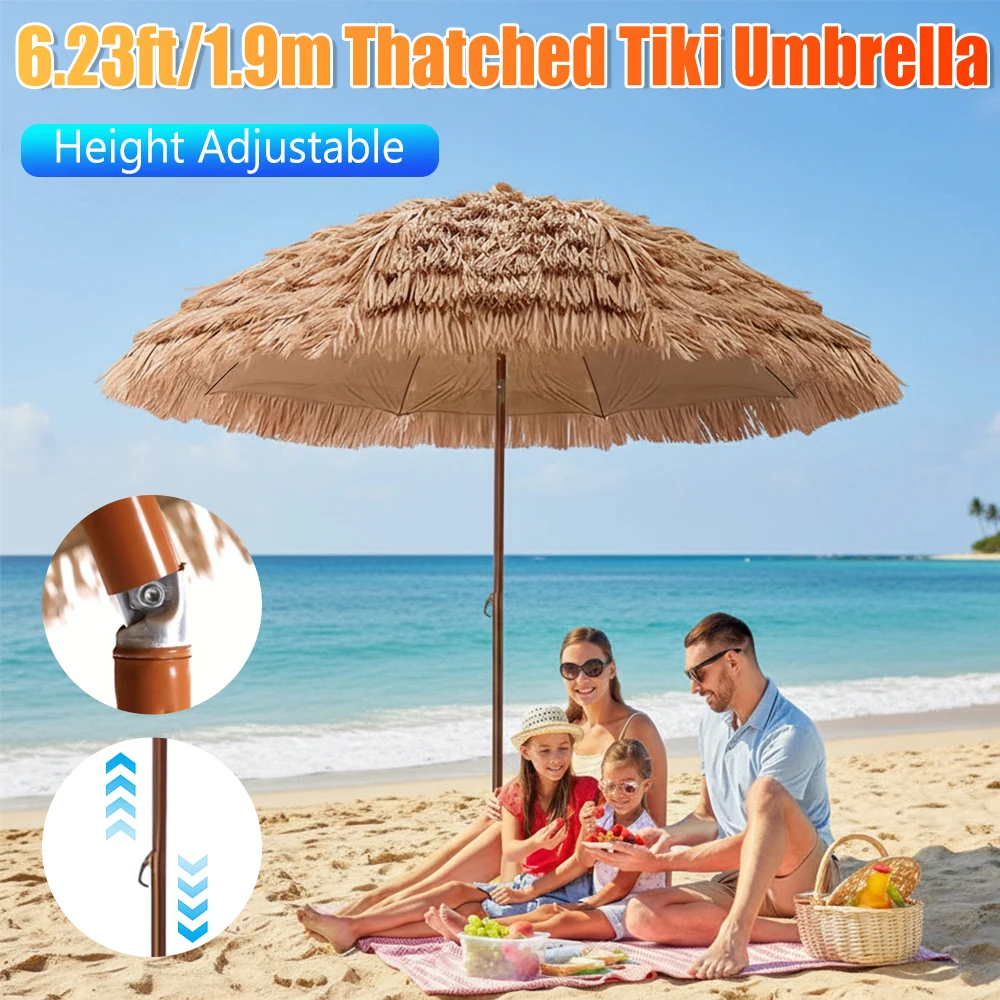 

Tilt Thatched Tiki Umbrella Height Adjustable 6.23ft/1.9m 8 Ribs Outdoor Patio Umbrella for Hawaiian Tiki Pool Beach Garden Lawn