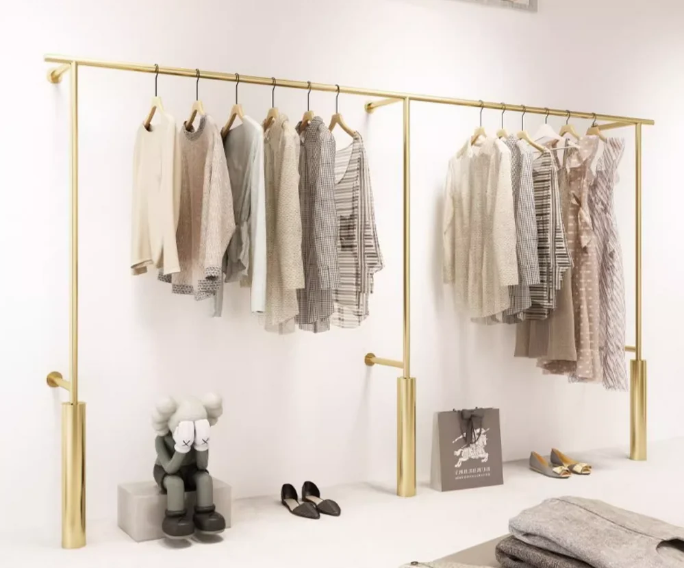 

Wall mounted clothing pole display shelves in clothing stores