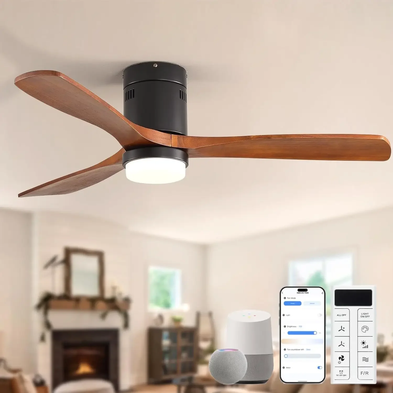 52 Inch Smart Ceiling Fans with Lights-Flush Mount Low Profile Modern Outdoor Solid Wood Ceiling Fans with Alexa/Google