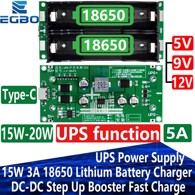 Ładowarka litowa Type-C 15W 3A 18650 Moduł DC-DC Step Up Booster Szybkie ładowanie UPS Zasilacz / konwerter 5V 9V 12V