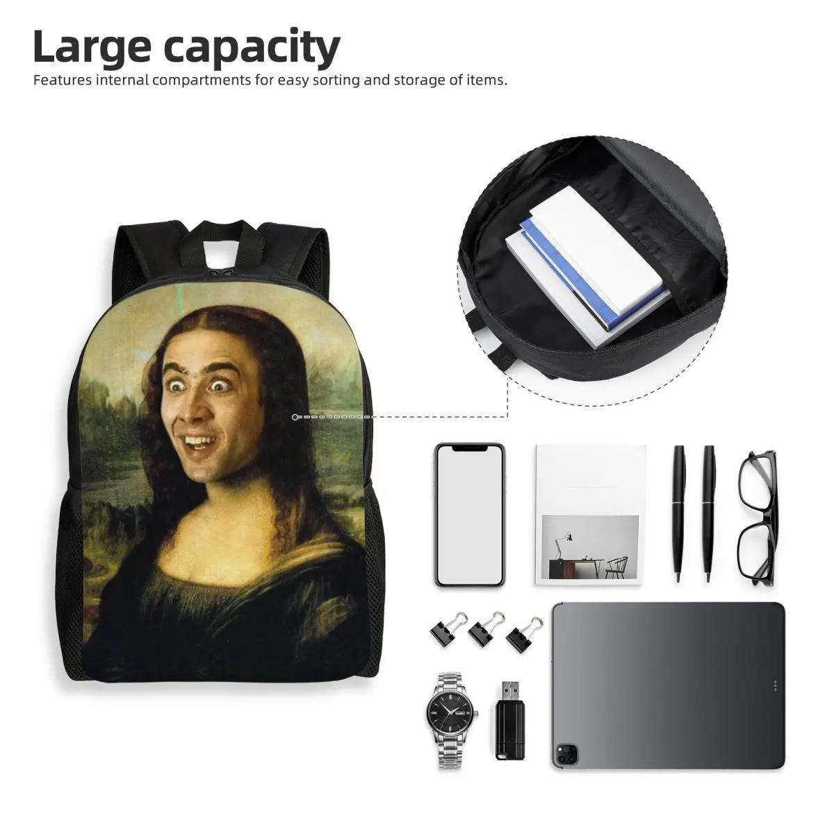 Nicolas Cage Mona Lisa zabawny Meme plecak podróżny mężczyźni kobiety komputer szkolny torby na książki studentka plecaki