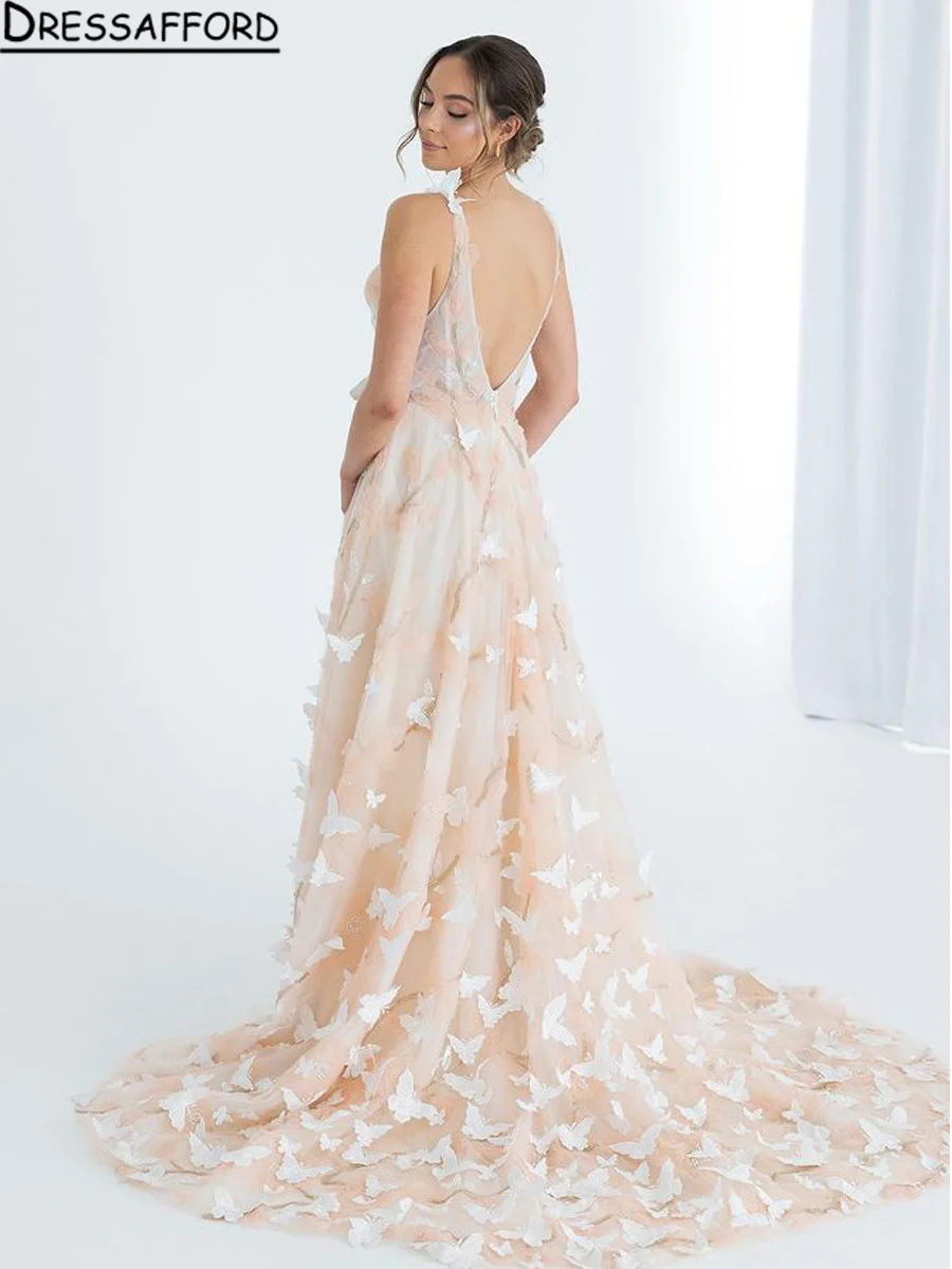 Robe de mariée de plage en dentelle florale champagne, avec papillon, sexy, dos nu, pour les patients, quelle que soit la mariée, 2024