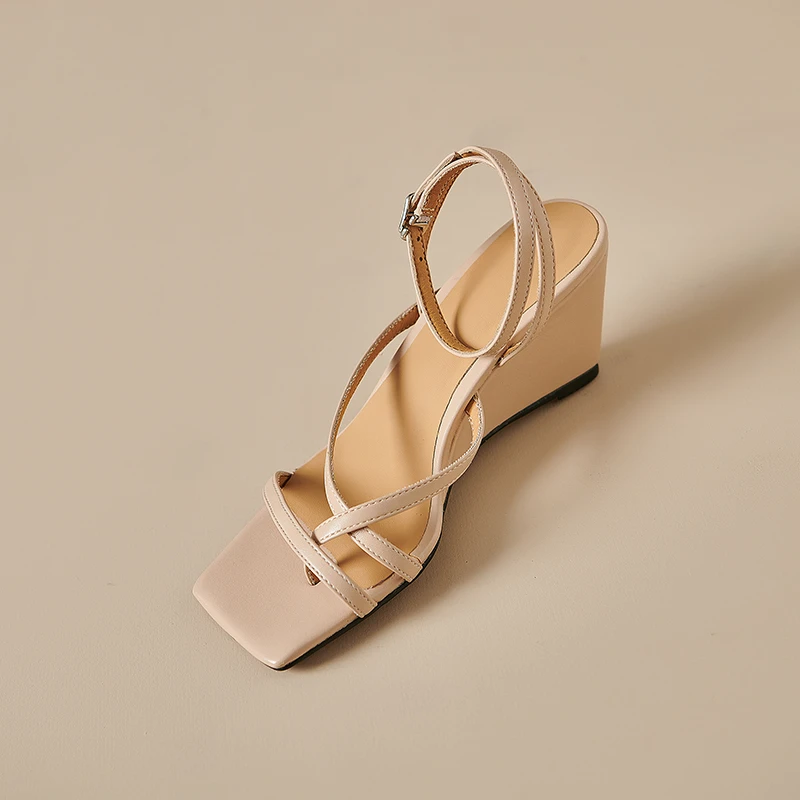 French Wedge Heel Sandals for Women in Summer 2025, Genuine Leather Square Toe Clip-toe One-line High Heel Roman Women's Shoes