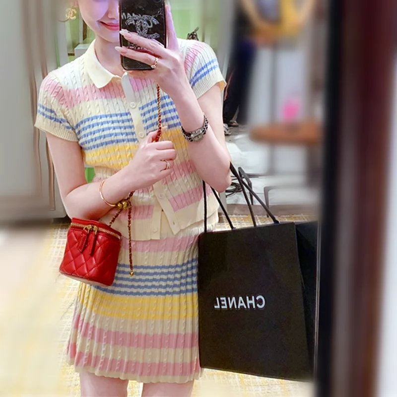 Women's Summer Clothes Knitted Rainbow Skirts Suits Female Stripped Preppy Style Casual Tops And Knitting Skirt Twinsets NZ183