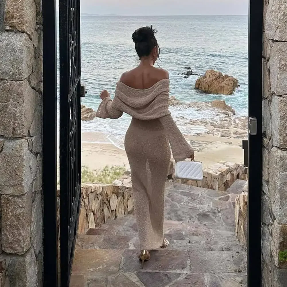 مثير قبالة الكتف سطر واحد طوق فستان الحفلات الخريف الشتاء المرأة فستان منسوج أنيق كم طويل شير جوفاء فستان طويل #2